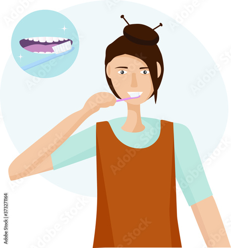 A woman brushing her teeth with a toothbrush.  Open mouth with tongue and healthy clean teeth. Oral hygiene concept every day. Vector illustration flat design