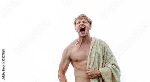 Strong, fit and sporty bodybuilder man over white background. Sport and fitness. Angry man. 