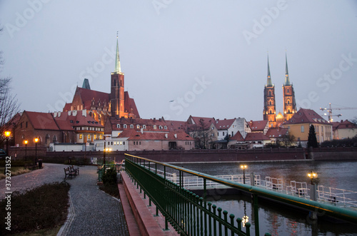 Evening cityscape view of Tumski island. Wroclaw, Poland. The Cathedral of St. John the Baptist
