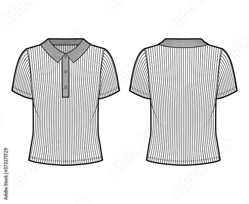 Ribbed cotton-jersey polo shirt technical fashion illustration with short sleeves, buttons along the front, oversized. Flat top apparel template front, back, white color. Women men unisex knit mockup