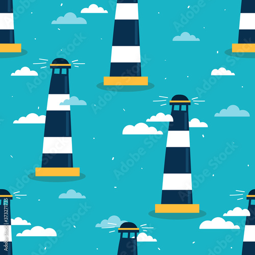 Seamless pattern, lighthouses, hand drawn overlapping backdrop. Colorful background vector. Cute illustration. Decorative wallpaper, good for printing