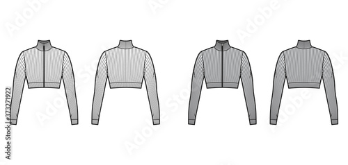 Zip-up cropped turtleneck ribbed-knit sweater technical fashion illustration with long sleeves close-fitting shape. Flat jumper apparel template front back white grey color. Women men unisex shirt top