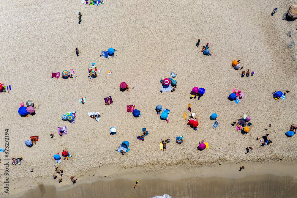 Aerial view, beach with bathers from above, Cala Agulla, Cala Mesquida, Mallorca, Balearic Islands, Spain