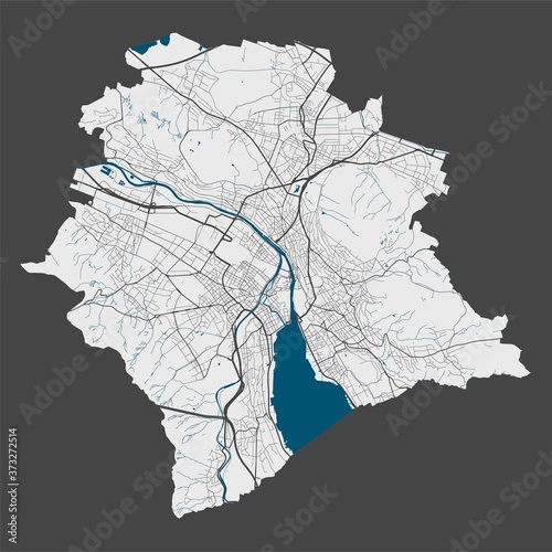 Zurich map. Detailed map of Zurich city poster with streets  water.