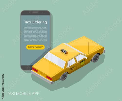 Yellow taxi cab banner isometric. Online mobile application order taxi service illustration. Flat car isometric high quality banner. 3D taxi vehicle smartphone. Get a taxi online phone application