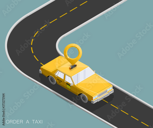 Yellow isometric taxi cab banner. Online navigation application order taxi service. Isometry car isometric route banner. 3D taxi classic vehicle itinerary road. Get a taxi online phone application