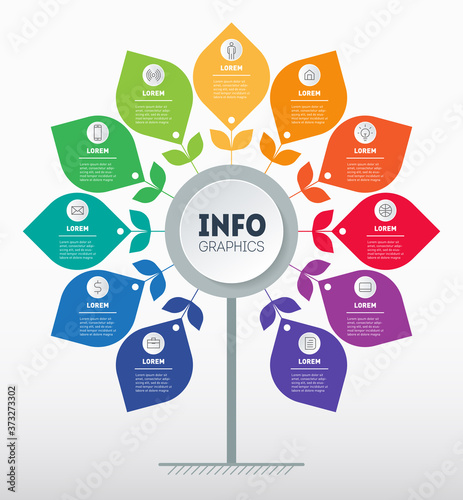 Business presentation concept with 11 parts and icons. Infographic in the form of a flower with petals. Template of tree with leaves. Info graphic of technology or education process with eleven steps.