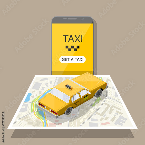 Yellow isometric taxi cab banner. Online mobile application order taxi service illustration. Flat car isometric quality banner. 3D taxi vehicle smartphone. Get a taxi online phone isometry application