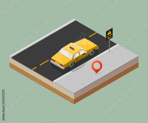 Yellow isometric taxi cab banner. Online navigation application order taxi service. Isometry car isometric route banner. 3D taxi classic vehicle itinerary road. Get a taxi online phone application