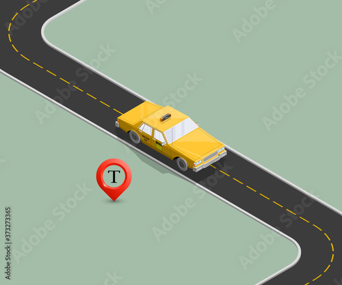 Yellow isometric taxi cab banner. Online navigation application order taxi service. Isometry car isometric route banner. 3D taxi classic vehicle itinerary road. Get a taxi online phone application