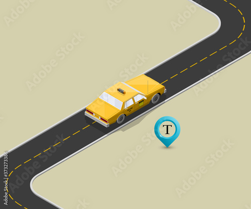 Yellow isometric taxi cab banner. Online navigation application order taxi service. Isometry car isometric route banner. 3D taxi classic vehicle itinerary road. Get a taxi online phone application
