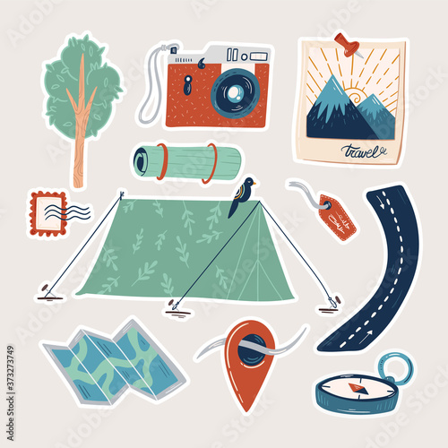 Collection of adventure tourism, travel abroad, summer vacation trip, hiking and backpacking decorative design elements isolated on white background. Flat cartoon colorful vector illustration.