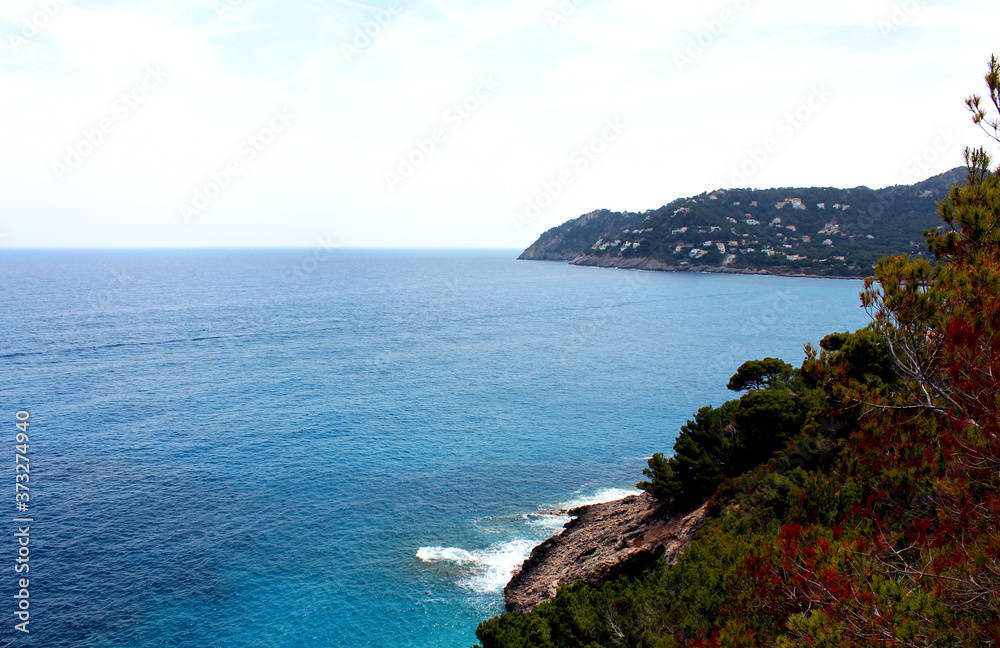 Beautiful landscape with blue sea water. Colorful bay view on the island of Mallorca, Spain.