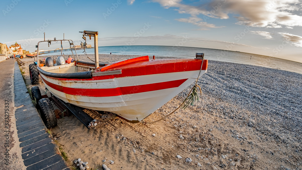 Fisheye view of traditional crab fishing boat on Cromer beach, Norfolk Fisheye view of traditional crab fishing boat on Cromer beach, Norfolk