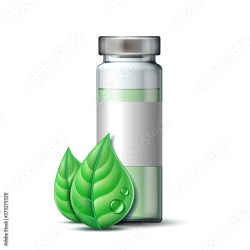 Transparent glass ampule with vaccine or drug for medical treatment and two green leaves.