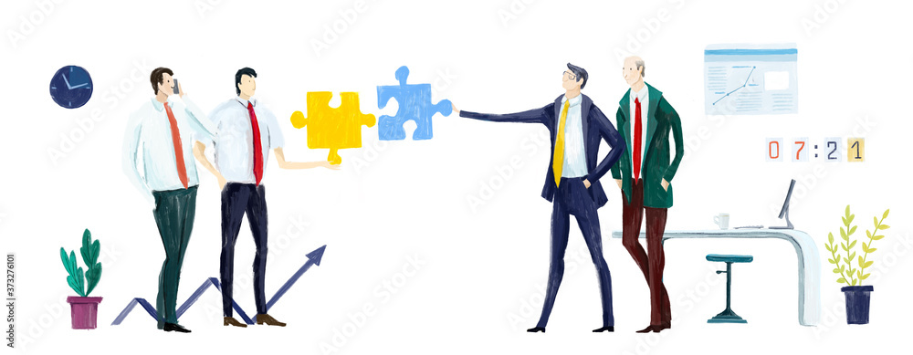 Business people solving the puzzle problem. tartup employees. Goal thinking, solving the problem, finding solutions, infographic of puzzle. Business concept illustration