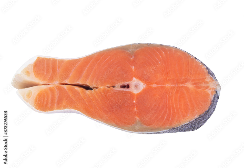 Salmon steak isolated on white background, top view