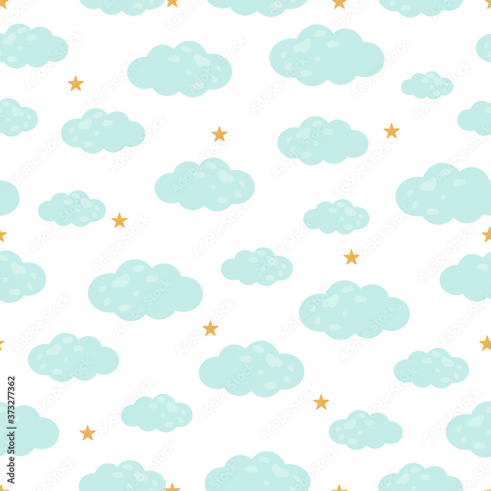 Blue clouds and stars seamless pattern Flat style hand drawn design Used for printing, gift wrapping paper, fabric pattern, textiles Vector illustration