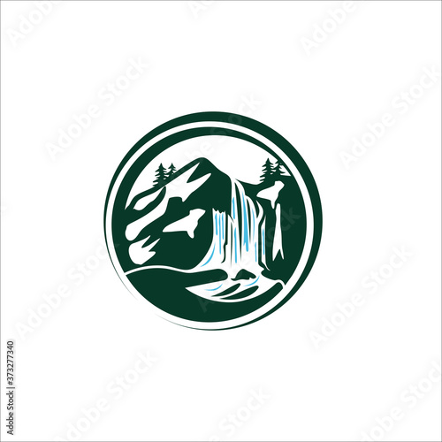 waterfall under the mountain logo icon design silhouette