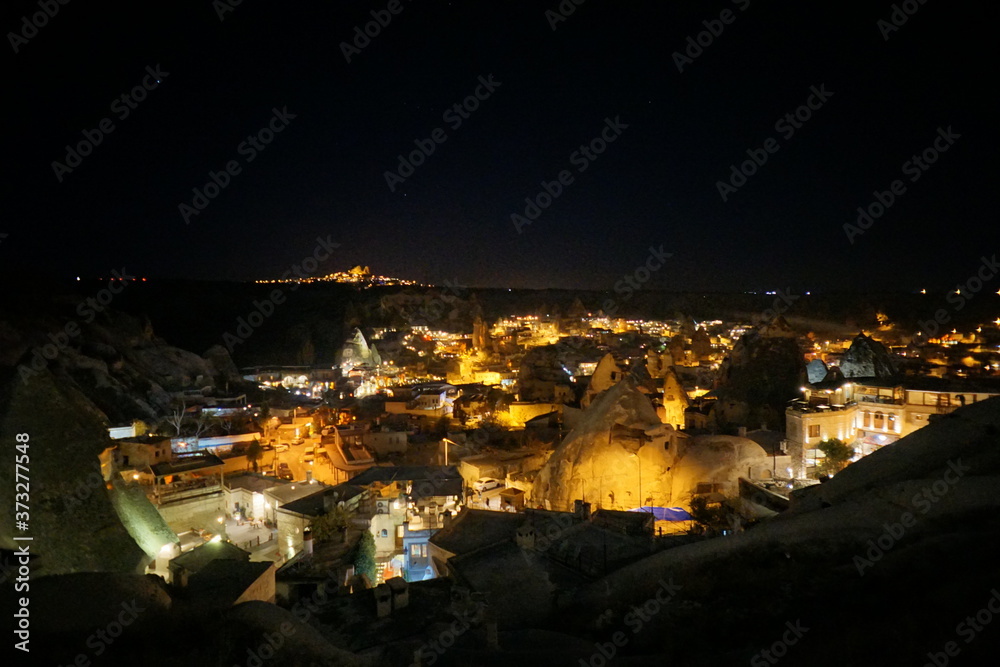The great tourist place Cappadocia - at night time with beautiful light. Cappadocia is known around the world as one of the best places with mountains. Goreme, Cappadocia, Turkey
