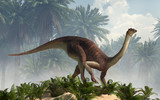 Gallimimus was a theropod dinosaur that lived during the Cretaceous period in what is now Mongolia. Here depicted with a coat of brown and white very short feathers.  