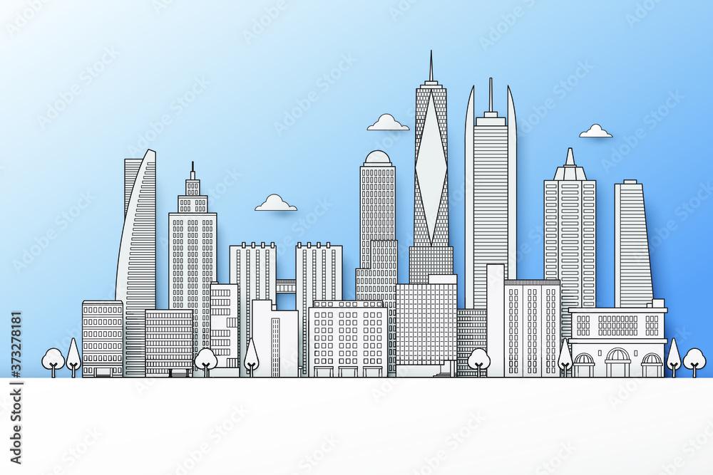 City buildings; in landscape vector illustration, thin line art, paper cut with shadow style. high construction, urban architecture, industrial, cityscape.