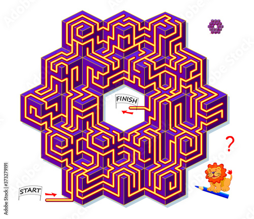 Logic puzzle game with labyrinth for children and adults. 3D maze. Find the way from start to finish. Worksheet for kids brain teaser book. IQ test. Online playing. Flat vector.