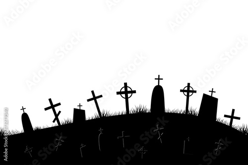 Halloween scary graveyard background with trees, crosses and bats. Halloween. Silhouette of a tombstone. Printed labels and decorations for office, crafts, template. Vector