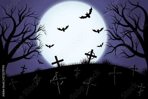 Halloween scary graveyard background with trees, crosses and bats. Halloween. Silhouette of a tombstone. Printed labels and decorations for office, crafts, template. Vector
