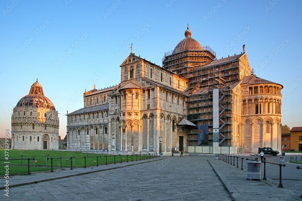 Pisa Cathedral is a medieval Roman Catholic cathedral dedicated to the Assumption of the Virgin Mary, in the Piazza dei Miracoli. It is a notable example of Romanesque architecture.