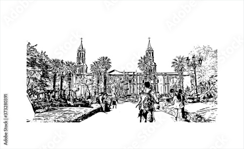 Building view with landmark of Arequipa is the colonial-era capital of Peru’s Arequipa Region. Hand drawn sketch illustration in vector.