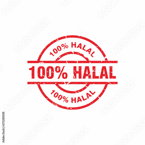 Abstract Red Grungy 100% Halal Rubber Stamps Sign with Circle Shape Illustration Vector, 100% Halal Text Seal, Mark, Label Design Template