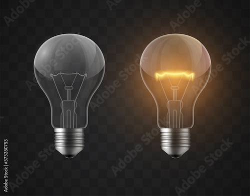 Glowing and turned off electric light bulb, vector illustration.