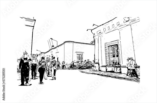 Building view with landmark of Arequipa is the colonial-era capital of Peru’s Arequipa Region. Hand drawn sketch illustration in vector.