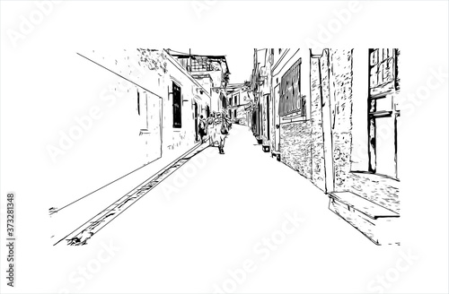 Building view with landmark of Arequipa is the colonial-era capital of Peru’s Arequipa Region. Hand drawn sketch illustration in vector.