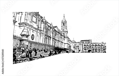 Building view with landmark of Arequipa is the colonial-era capital of Peru’s Arequipa Region. Hand drawn sketch illustration in vector.