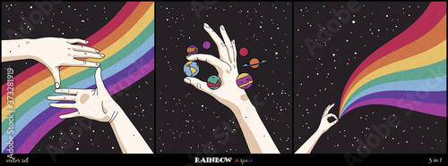 Hands and rainbow in space. Gay Pride. Romantic LGBT concept. Colorful cosmic texture background. Night starry sky. Set of abstract vector illustration for poster, t-shirt print, postcard