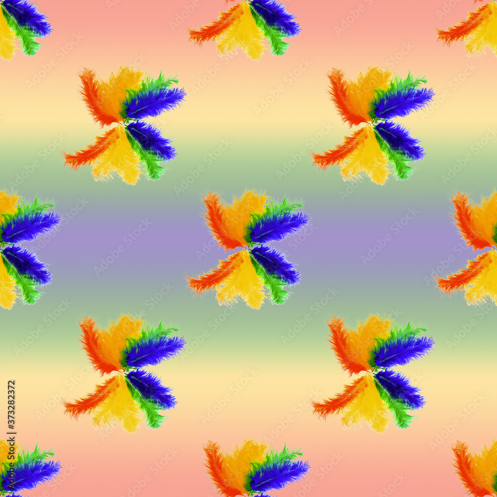 Seamless pattern of lined in rainbow colored bird feathers on a rainbow background. LGBTQ concept
