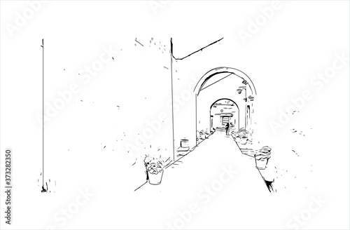 Building view with landmark of Arequipa is the colonial-era capital of Peru’s Arequipa Region. Hand drawn sketch illustration in vector.