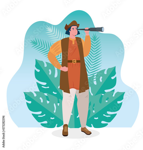 christopher columbus watching in scene tropical leaves vector illustration design