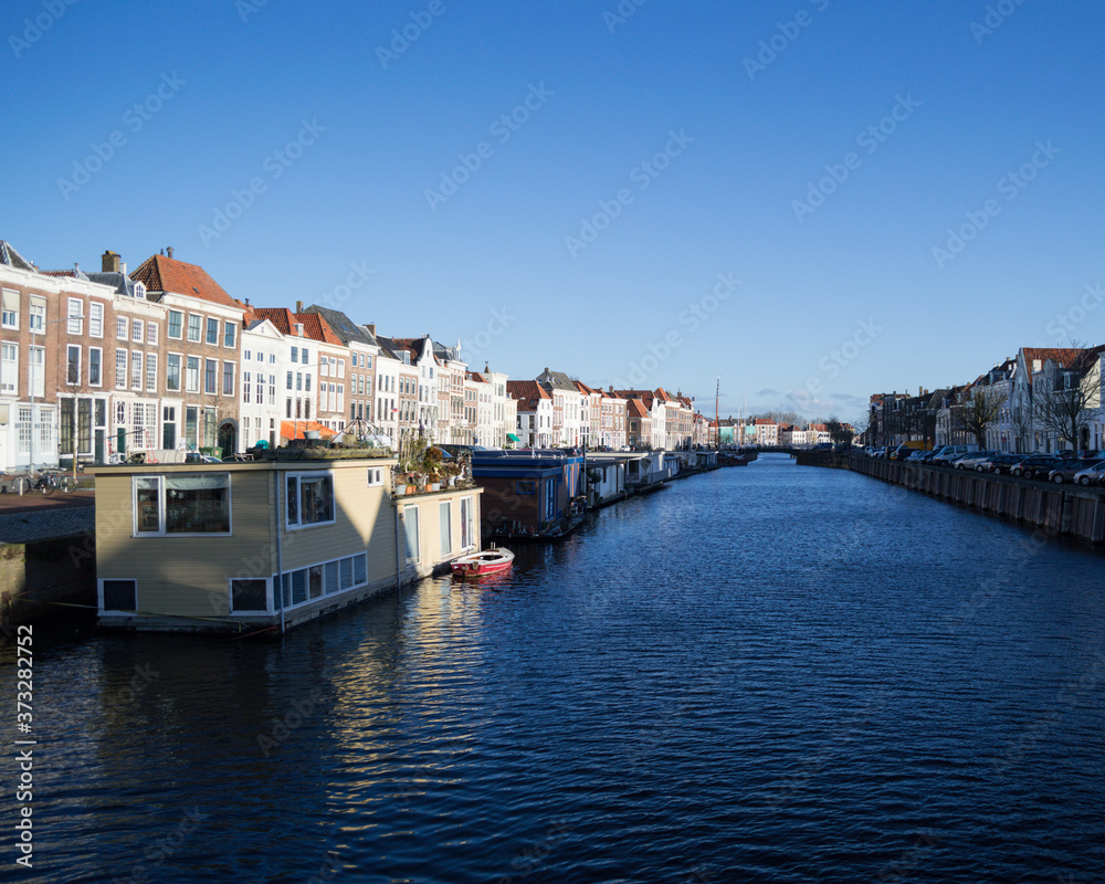 Canal Houses and Houseboats in Traditional Dutch Seaside Town Vlissingen, Zeeland, Netherlands