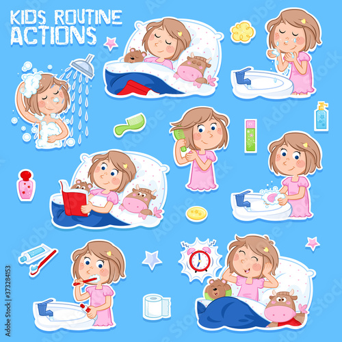 Daily routine of a little girl with light brown hair - Set of eight good morning and good night routine actions - Isolated - Blue background