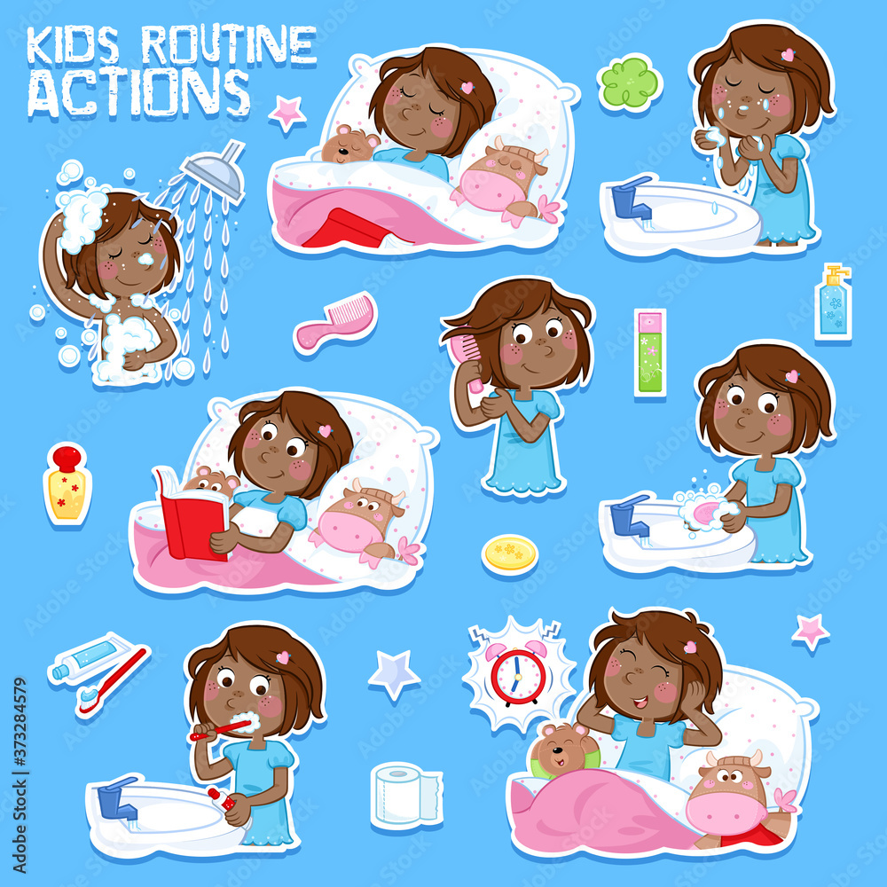 Good morning and good night - Daily routine of a little black girl with ...
