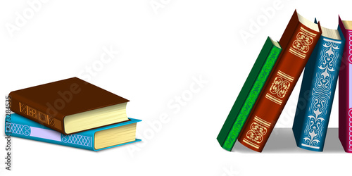 Hardcover books in different positions isolated on a white background. Book stack and in a row.