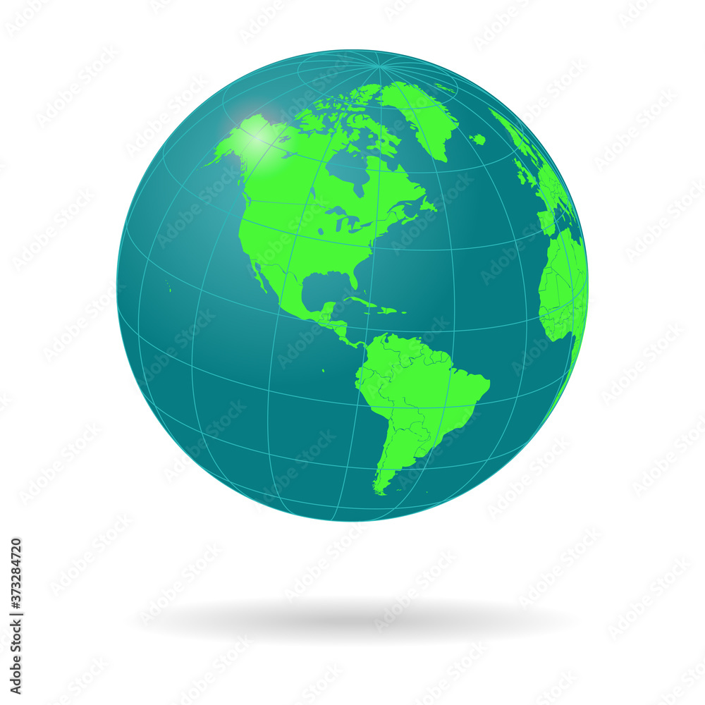 Globe. Blue and green world map mapped on a 3D sphere. Isolated on transparent background.