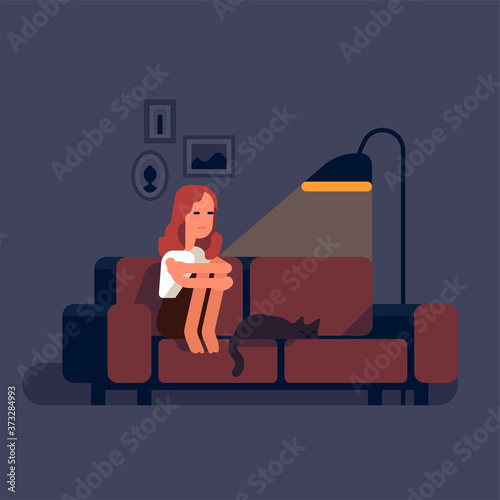 Flat design vector concept illustration on introspection and feelings examination with sad depressed woman sitting on a sofa holding her knees with a sleeping cat next to her