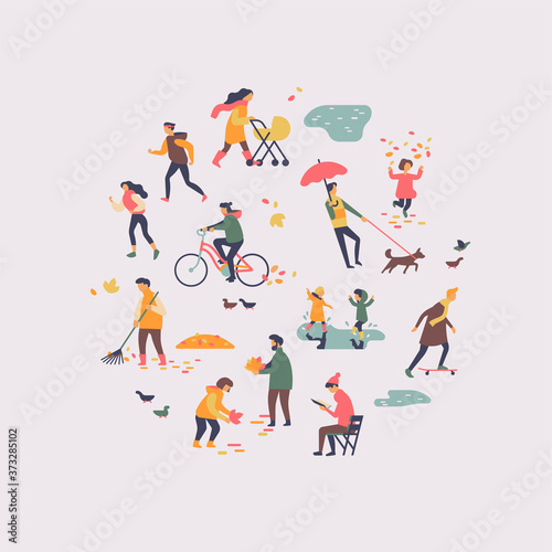Autumn or fall season people decorative element, vector. Minimalist flat style round shaped design on city residents wearing autumn clothes outdoors