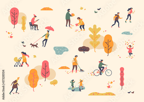 Autumn in city park. Lovely minimalist vector background on joys of fall season with people having a great time outdoors