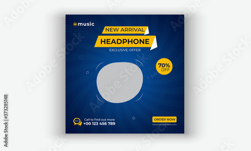 Headphone social media post template Design, Editable social media post template, Headphone square flyer design