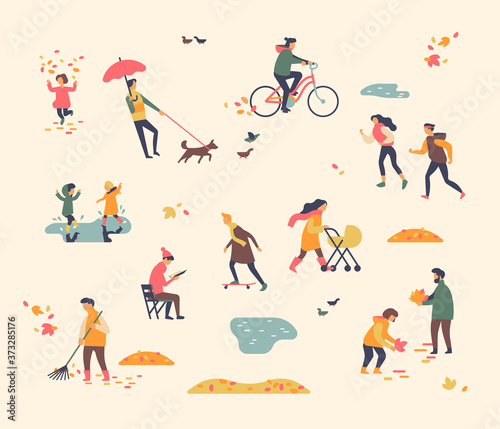 Abstract people enjoying autumn or fall season. Various characters umping in puddles, collecting leaves, walking, cycling wearing autumn or fall season clothes